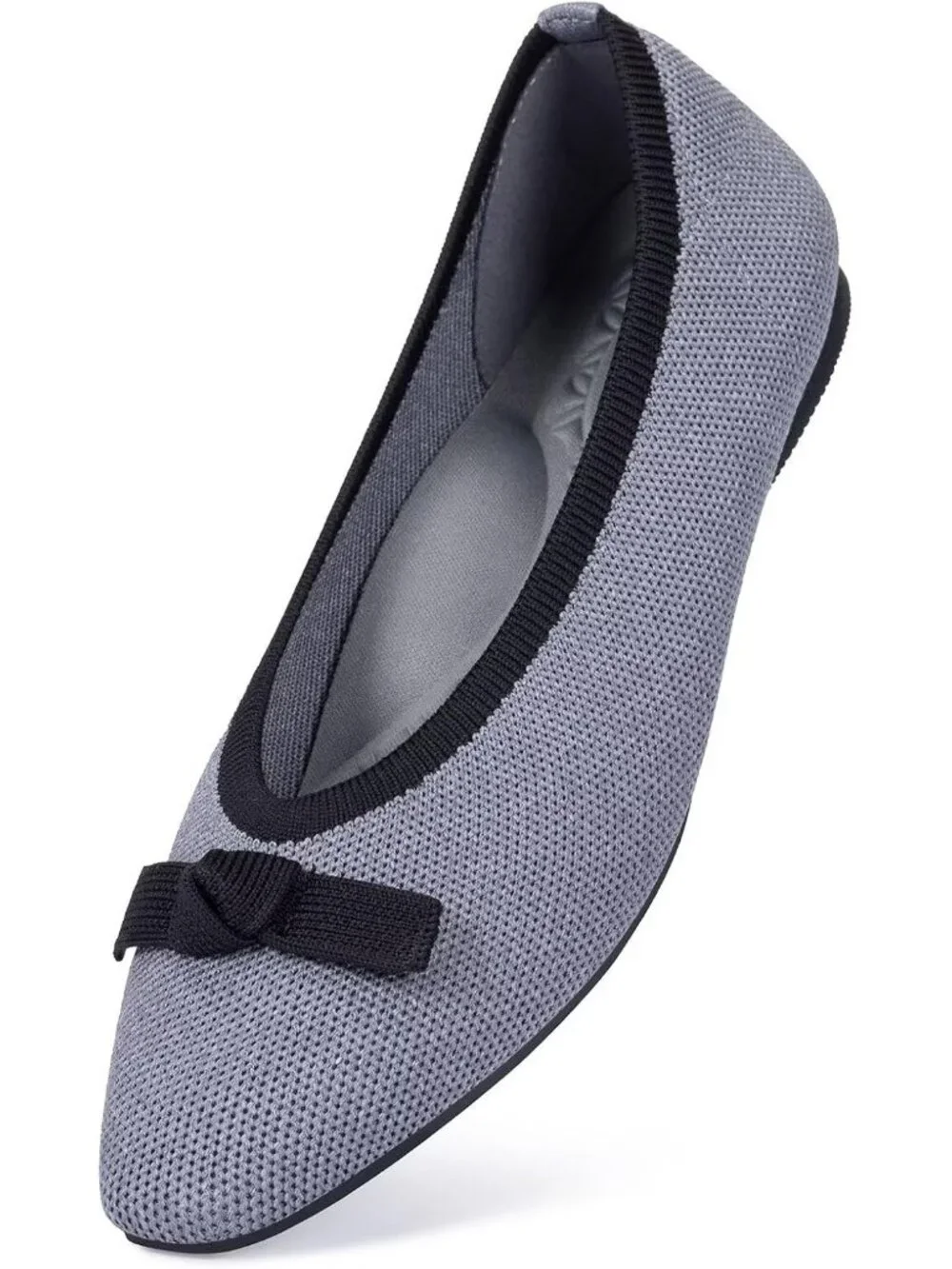 Frank Mully Women's Grey Black Rubber Knit Squared Toe Bow Slip On Ballet Flats